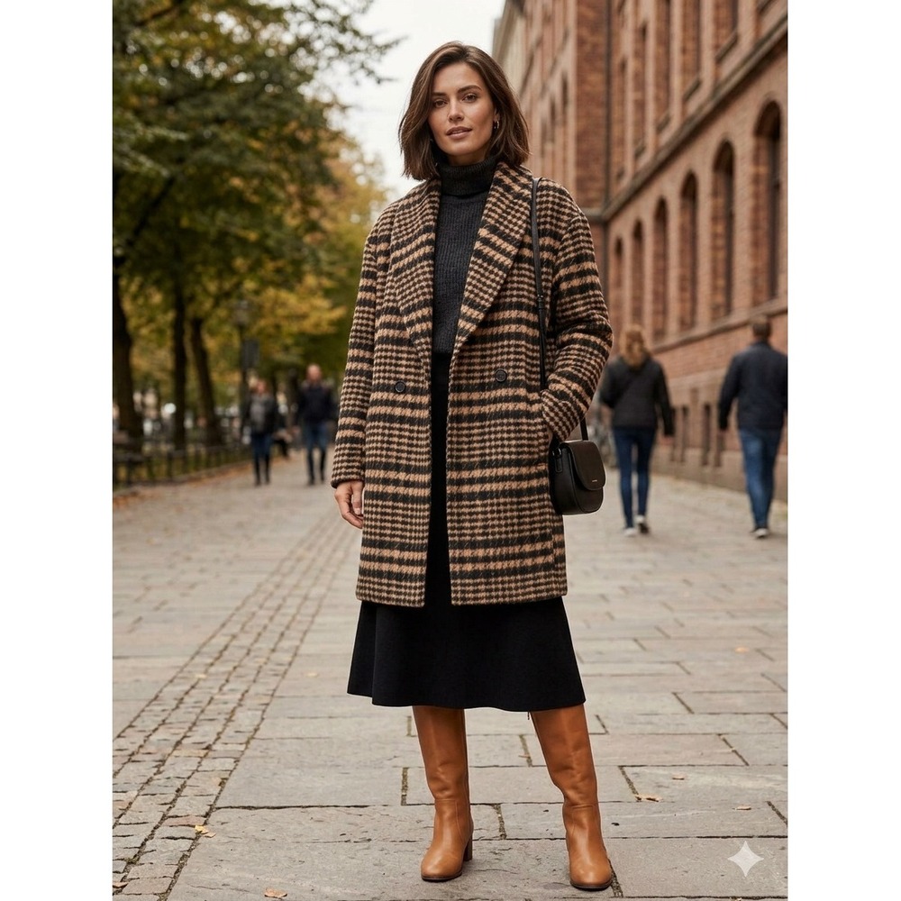 Avec Les Filles Tan Black Plaid Double Breasted Wool Blend Coat Style 81091 S